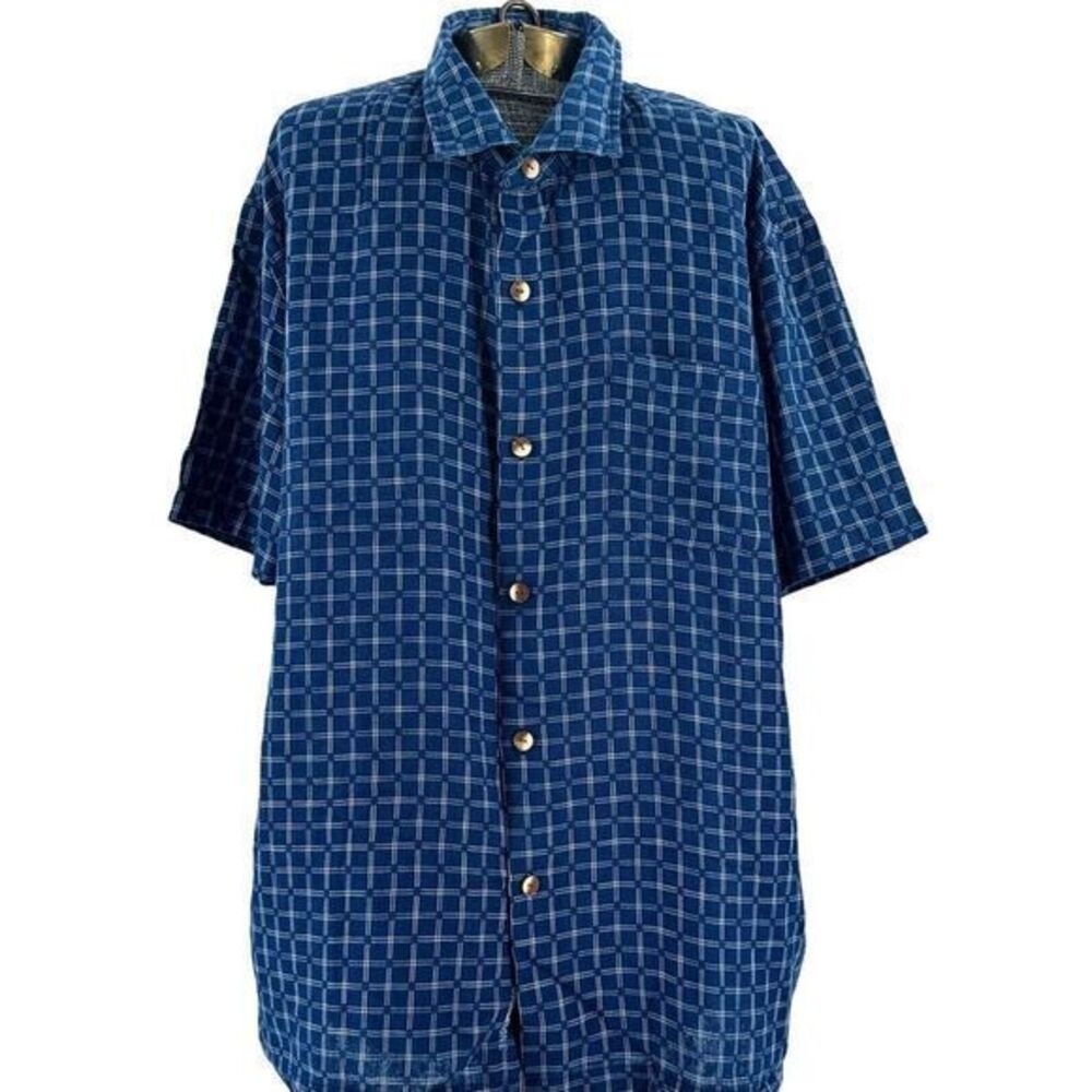 Tommy Bahama‎ Silk Button Up Camp Shirt Blue Windowpane Pattern Mens Size XL